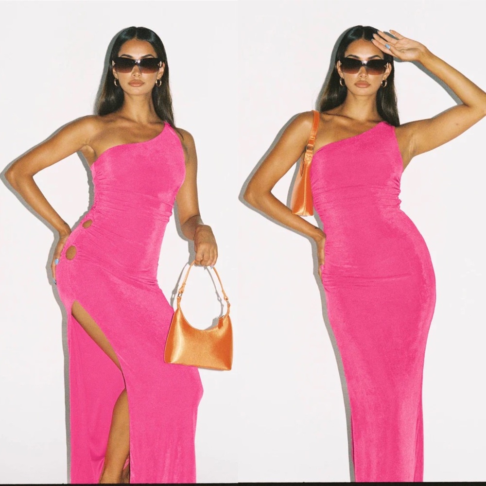Princess Polly Aligned Pink One Shoulder Side Cutout Ruched Side Slit Maxi Dress